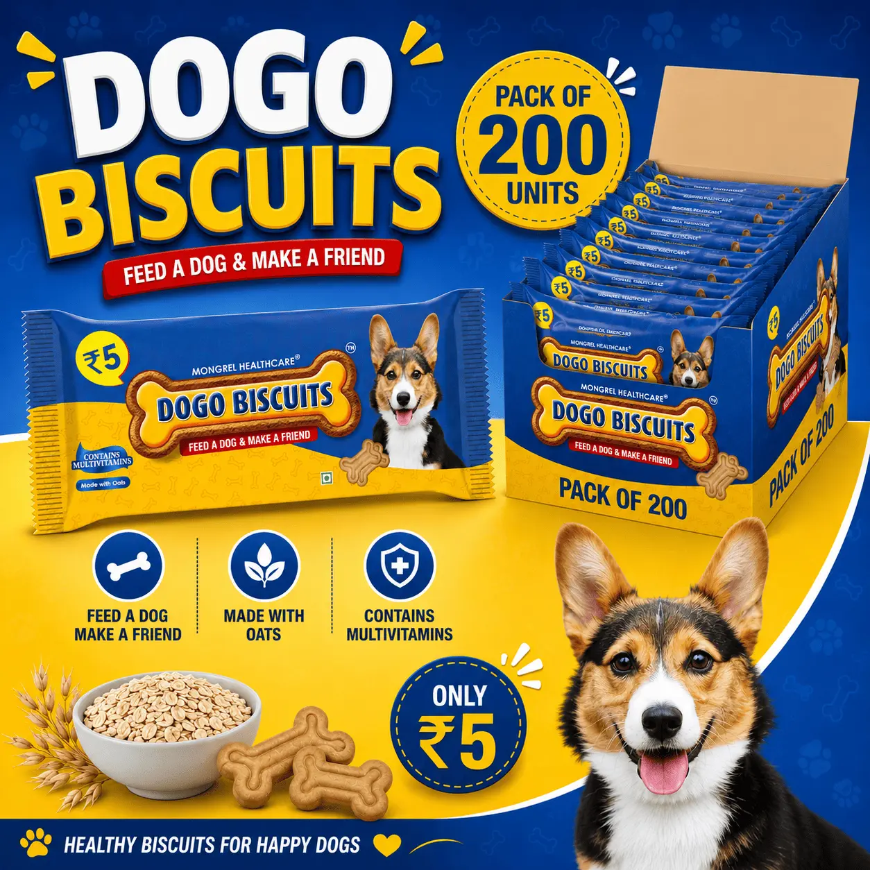 Dogo Biscuits 200 Packet MONGREL HEALTHCARE Dogo Biscuits Small Pack of 200 | Multigrain Biscuits Made with Oats, Milk Solids & Multivitamins - Image 1