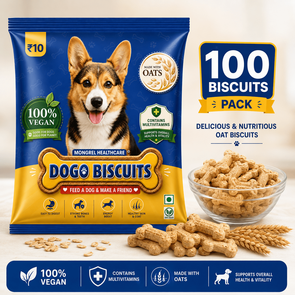 04335c10-df57-4cfe-b1cb-9c2012cf23ee Dogo Biscuits Vegan Small Pack of 100 | Multigrain Biscuits Made with Oats, Plant-Based Ingredients & Multivitamins - Image 1